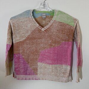 NIC+ZOE V-Neck Sweater Pastel Pink Green Brown Mosaic Women M